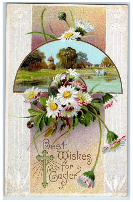 1912 Easter Wishes Daisy Flowers Embossed Groton Connecticut CT Antique Postcard