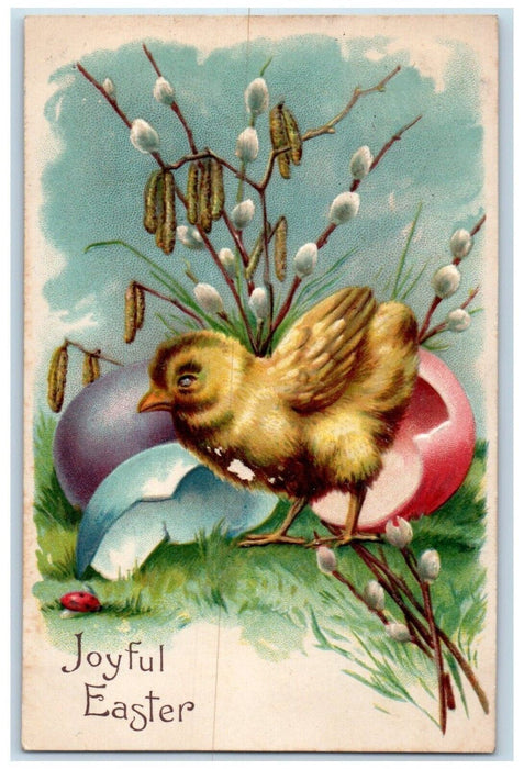 c1910's Easter Chick Hatched Eggs Pipe Berry Cattails Embossed Antique Postcard