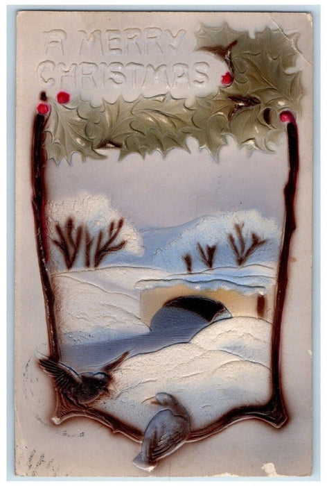 Christmas Holly Berries Arch Bridge Winter Birds Airbrushed Embossed Postcard