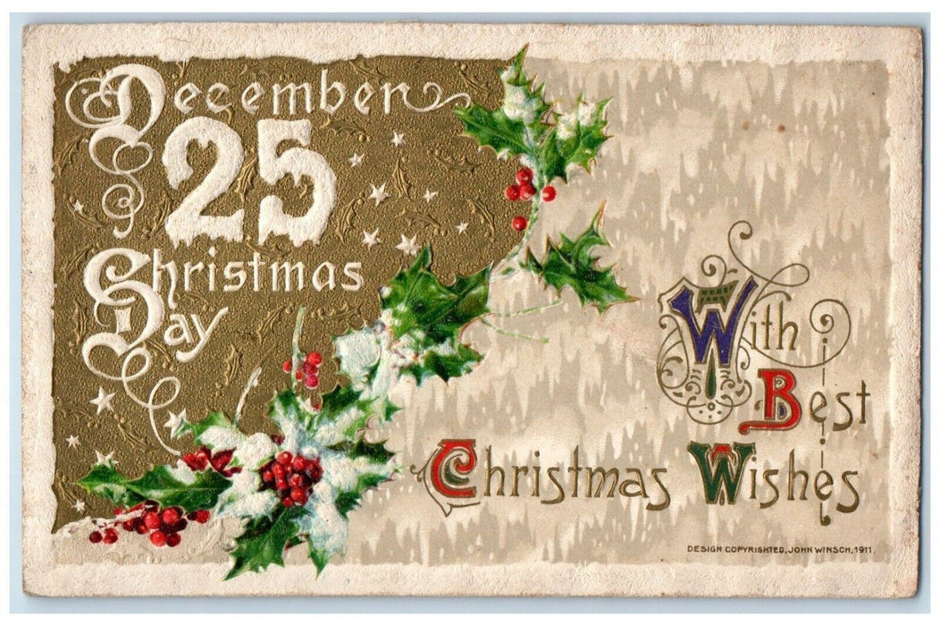 1911 Christmas December 25 Berries Winter John Winsch Artist Signed Postcard