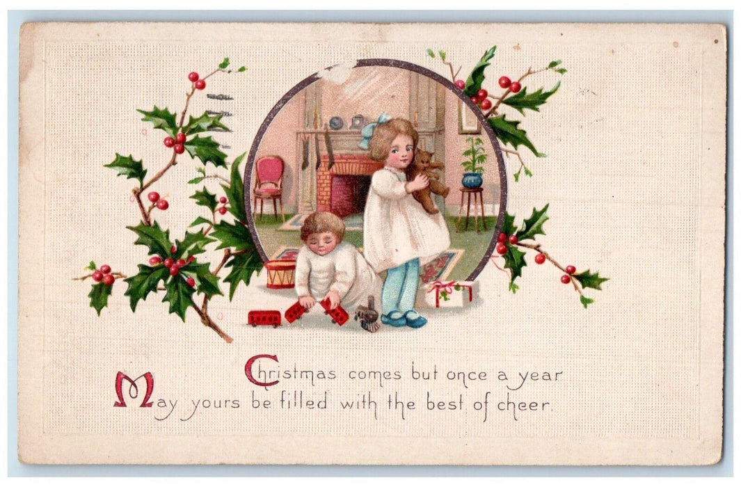1921 Christmas Holly Berries Children Playing Toy Stockings Newark NJ Postcard