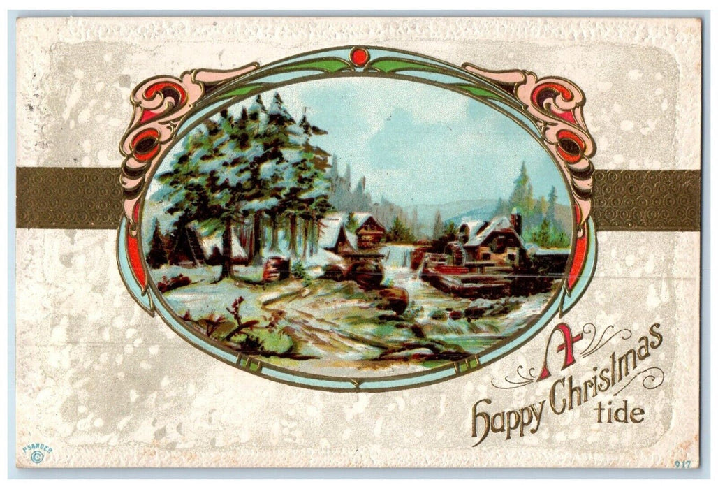 1912 Christmas House Mill Pine Tree Covered Snow Embossed Baltic CT Postcard