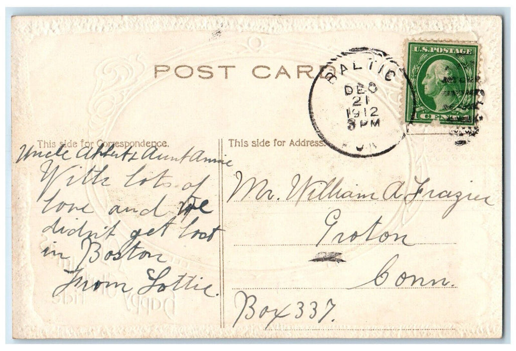1912 Christmas House Mill Pine Tree Covered Snow Embossed Baltic CT Postcard