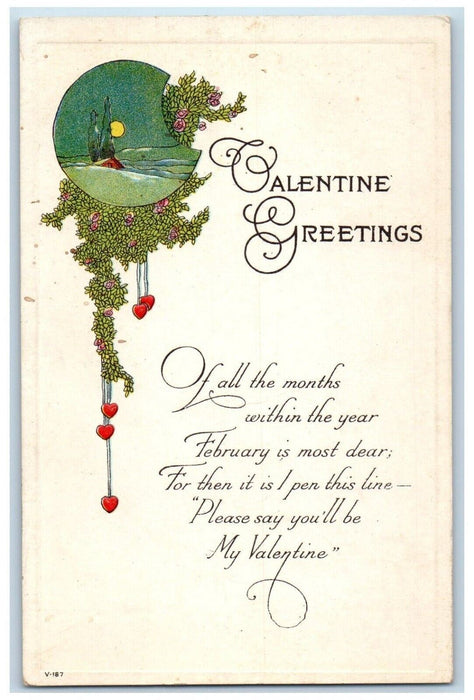 c1910's Valentine Greetings Message Hearts Flowers Moon Embossed Posted Postcard