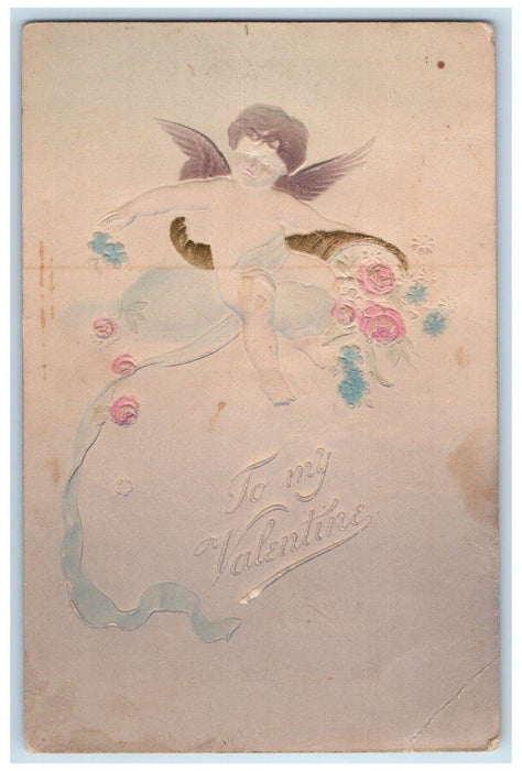 c1910's Valentine Floating Angel Flowers Airbrushed Embossed Antique Postcard