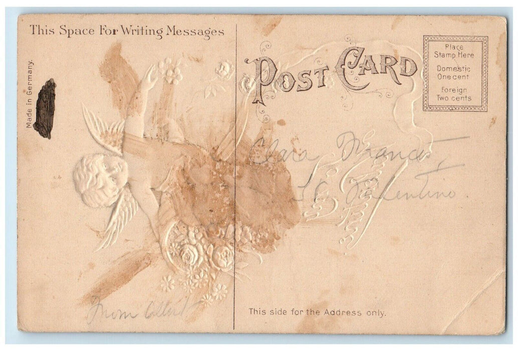 c1910's Valentine Floating Angel Flowers Airbrushed Embossed Antique Postcard