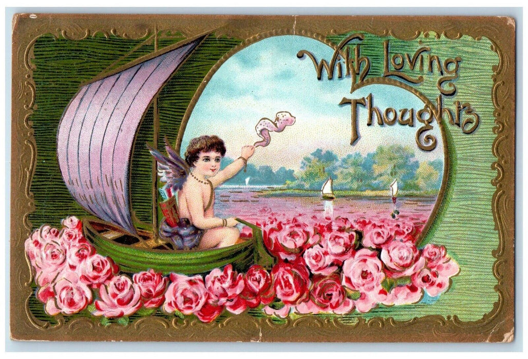 1913 Valentine Cupid Angel Sailboat Flowers Embossed Baltic CT Embossed Postcard