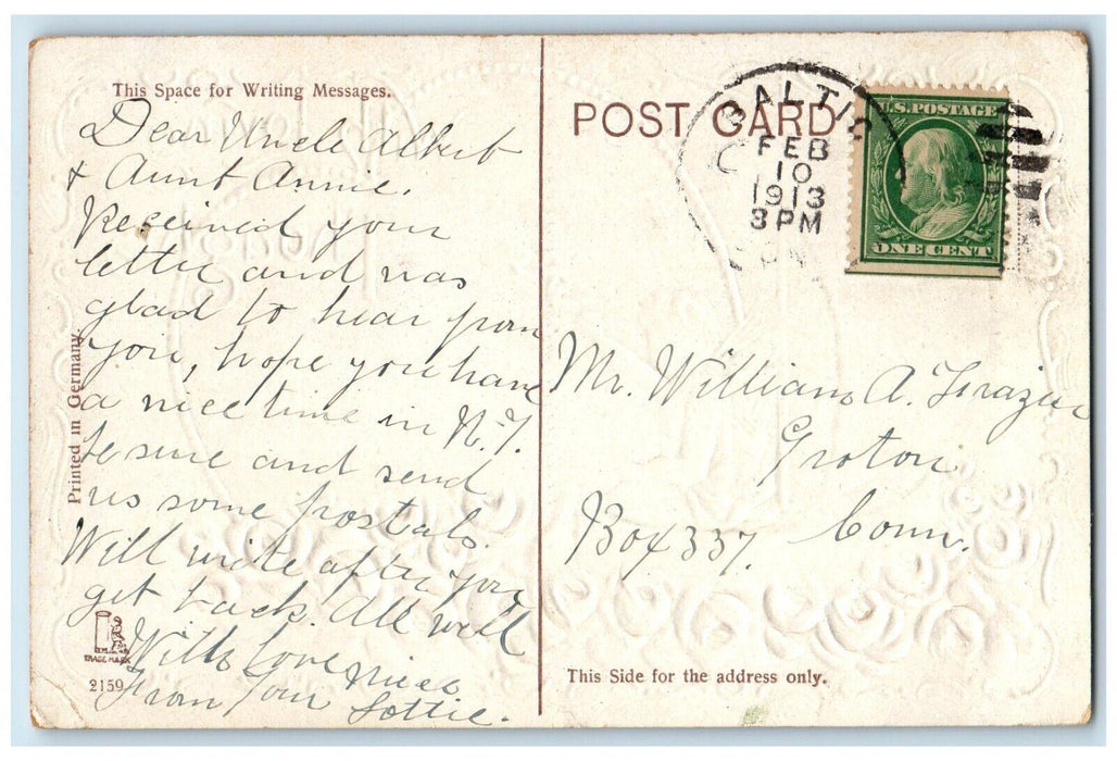 1913 Valentine Cupid Angel Sailboat Flowers Embossed Baltic CT Embossed Postcard