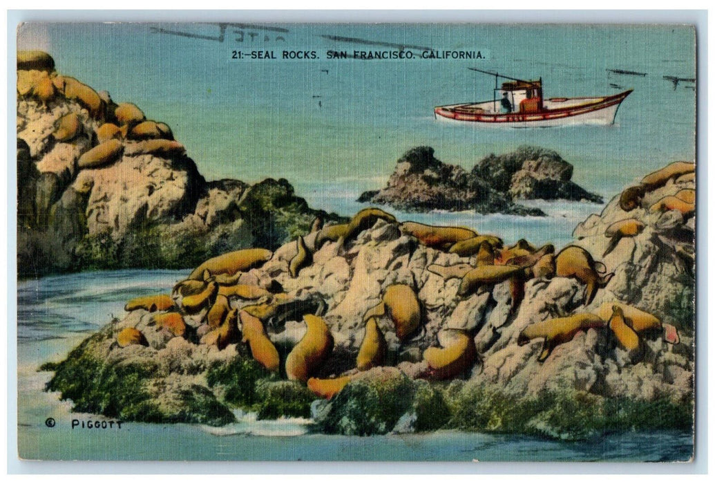1939 Seal  And Sea Lions Rocks Boat Scene San Francisco California CA Postcard