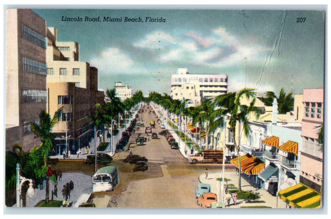 1955 View Of Lincoln Road Cars Street Tree-lined Miami Beach Florida FL Postcard