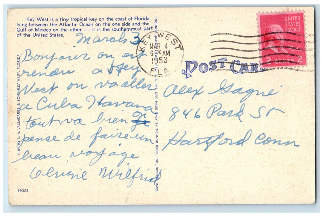 1953 Air View Of Key West Florida FL, Towers Building Street Scene Postcard