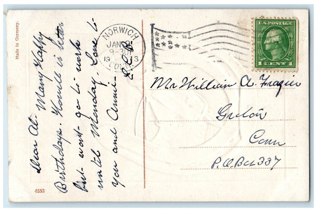 1913 Good Luck Horseshoe Horse Head Embossed Norwich Connecticut CT Postcard
