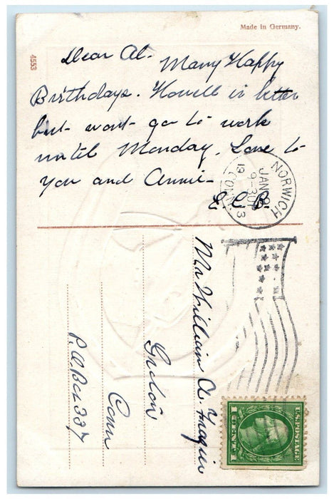 1913 Good Luck Horseshoe Horse Head Embossed Norwich Connecticut CT Postcard