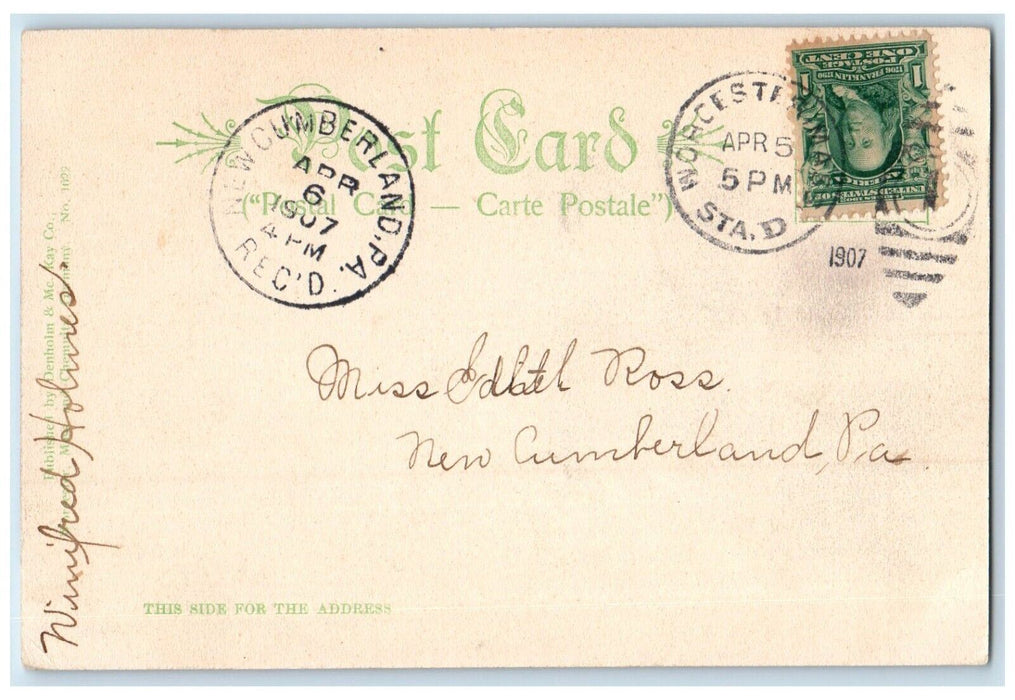 1907 Old Mill Institute Park Clock Tower Field Worcester Massachusetts Postcard
