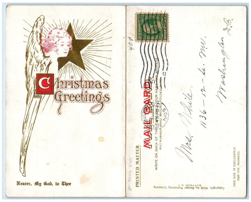 1909 Christmas Greetings Religious Message Cross Sarah Adams Fold Out Postcard