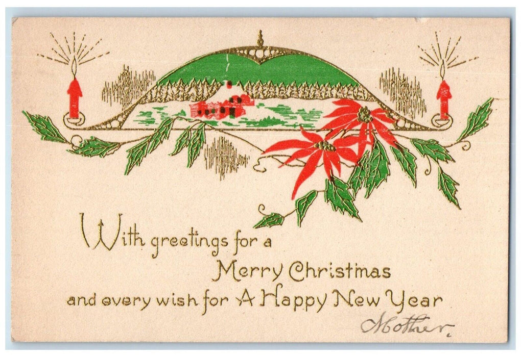 Christmas And New Year Greetings Poinsettia Flowers Candle Arts Crafts Postcard
