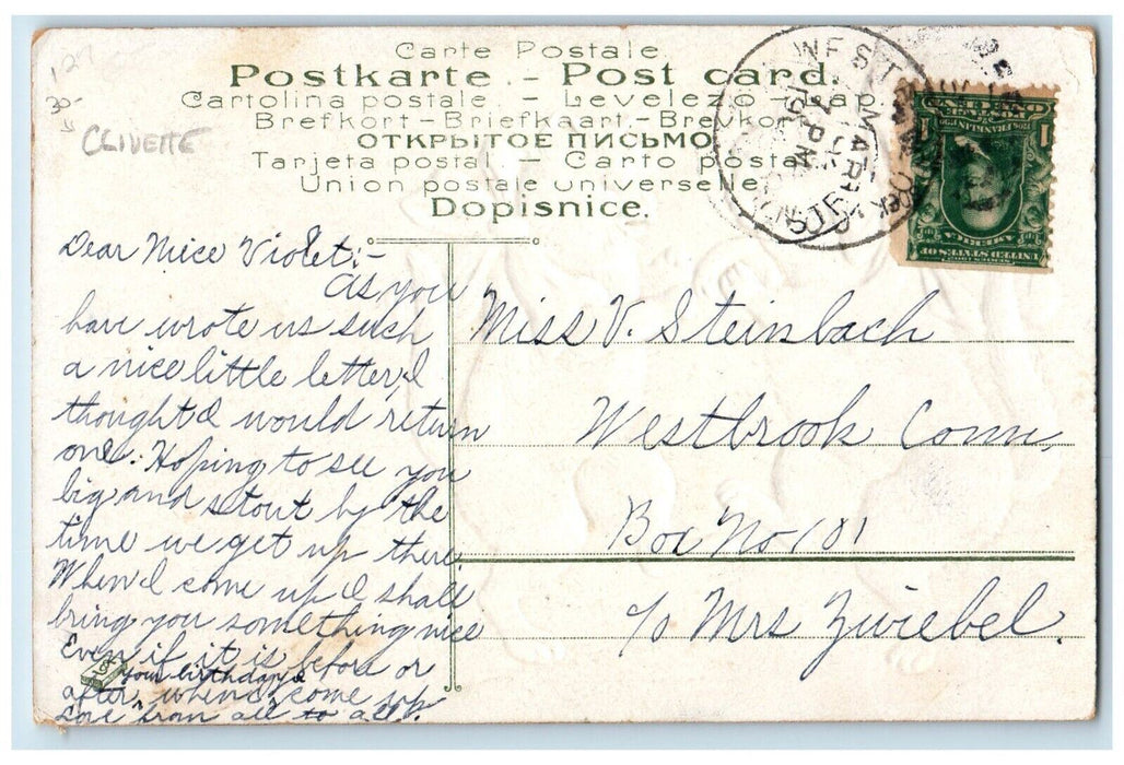 c1910's Anthropomorphic Cats Dancing Motto Ribbon Clivette Embossed Postcard