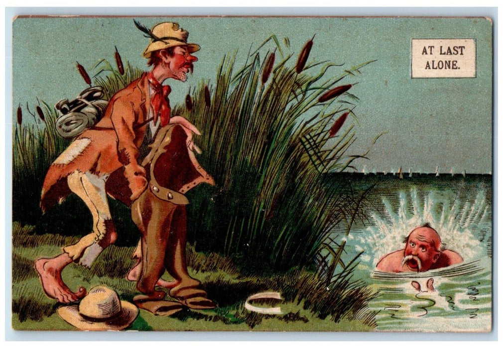 c1910's Man Hobo Changing Clothes Humor At Last Alone Swimming Antique Postcard