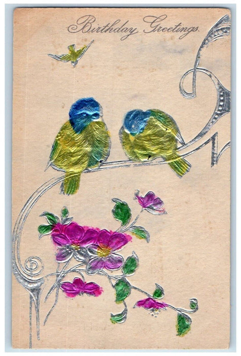 c1910's Birthday Greetings Birds And Flowers Hand Painted Embossed Postcard