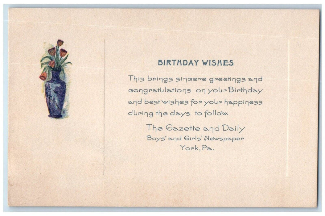 Birthday Wishes Greetings Flowers In Vase Embossed Unposted Antique Postcard