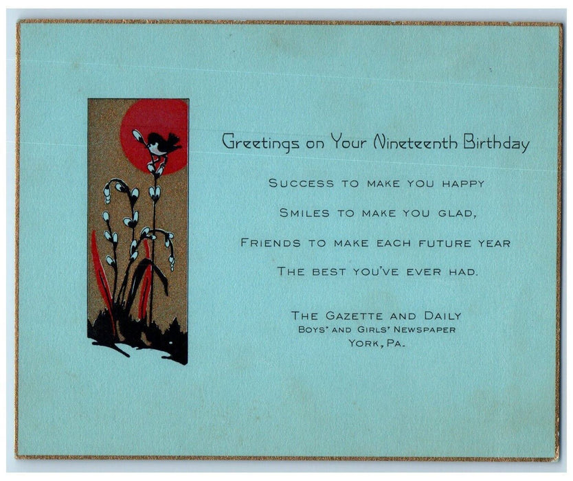 c1905 Nineteenth Birthday Greetings Message Pipe Berry Bird Arts Crafts Postcard