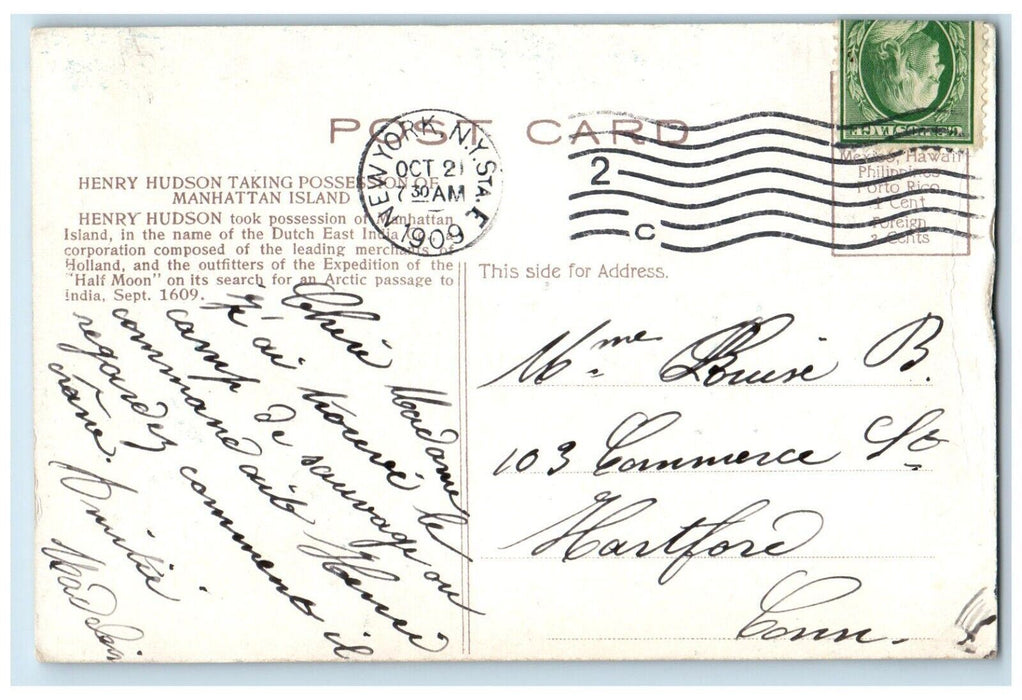 1909 Henry Hudson Taking Possession Manhattan Island Half Moon New York Postcard