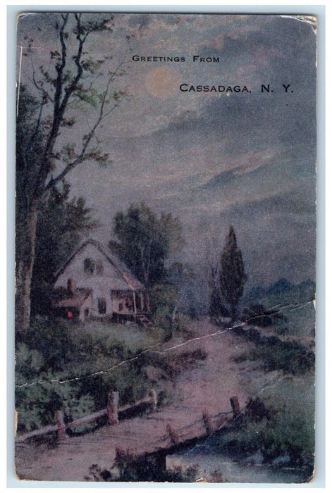 1915 Greetings Night Moon Bridge Lake House Cassadaga New York NY Ibson Postcard
