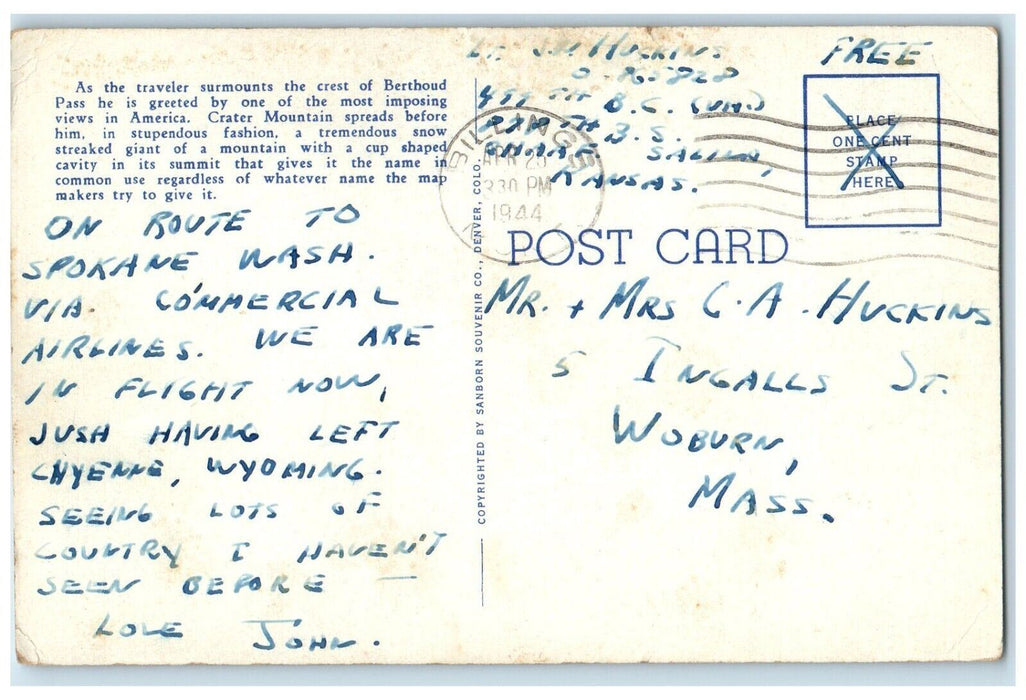 1944 Crater Mountain Summit Berthoud Pass Victory Highway Colorado CO Postcard