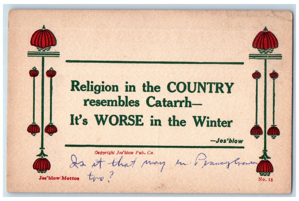 Jes'Blow Motto Religion In The Country Resembles Catarrh Arts Crafts Postcard