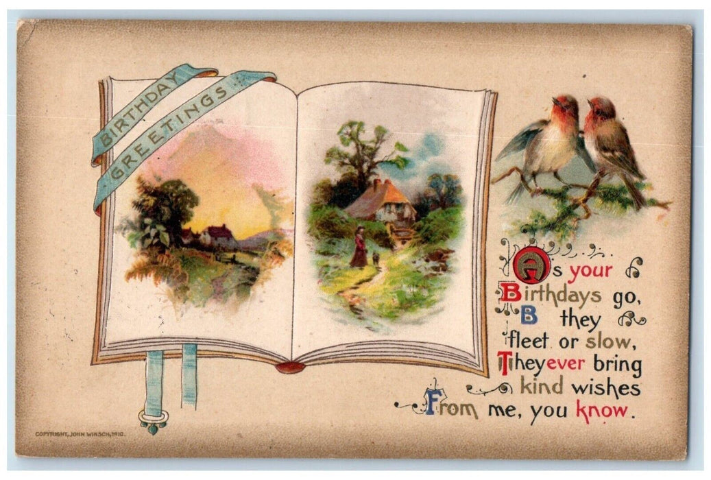 Birthday Greetings Song Birds Book John Wisnch Artist Signed Embossed Postcard