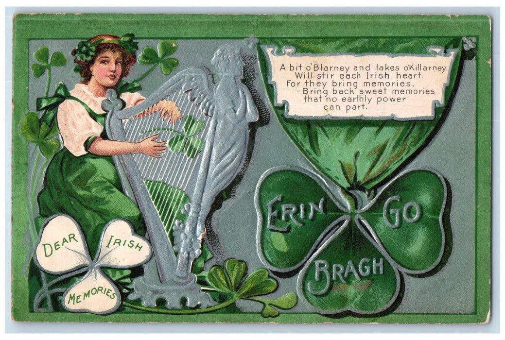1909 St. Patrick's Day Woman Playing Harp Shamrock Embossed Antique Postcard