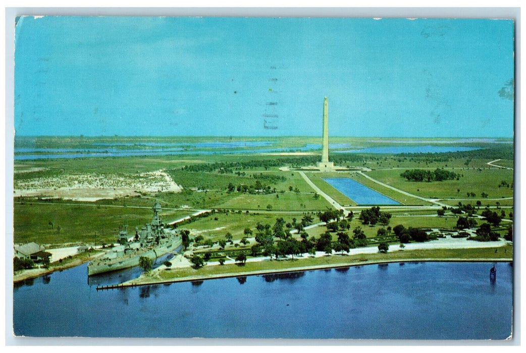 1956 Aerial View San Jacinto Monument And Battleship Houston Texas TX Postcard