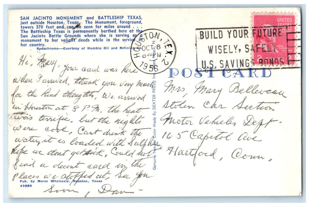 1956 Aerial View San Jacinto Monument And Battleship Houston Texas TX Postcard