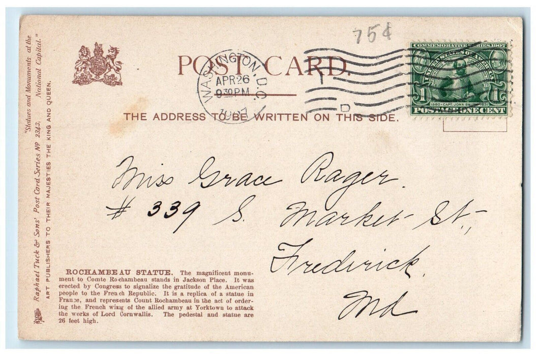 c1907 Rochambeau Statue Jackson Place Washington DC Raphael Tuck Sons Postcard