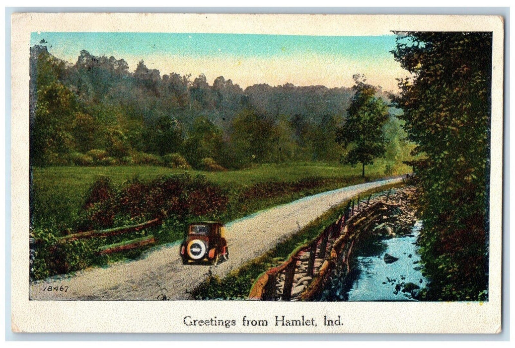 1927 Greetings Classic Car Bridge Field Hamlet Indiana Vintage Antique Postcard