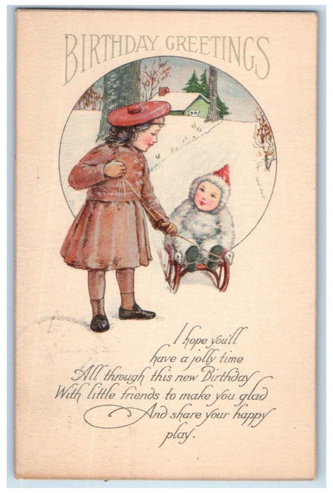 1922 Birthday Greetings Children Sleigh Basking Ridge New Jersey NJ Postcard