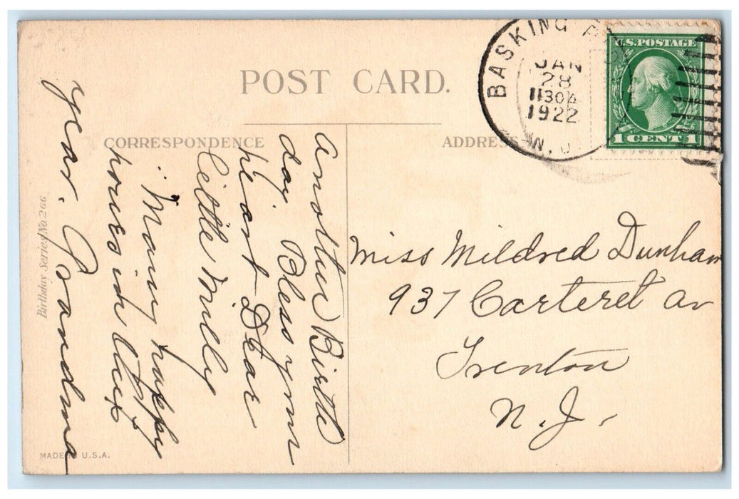 1922 Birthday Greetings Children Sleigh Basking Ridge New Jersey NJ Postcard
