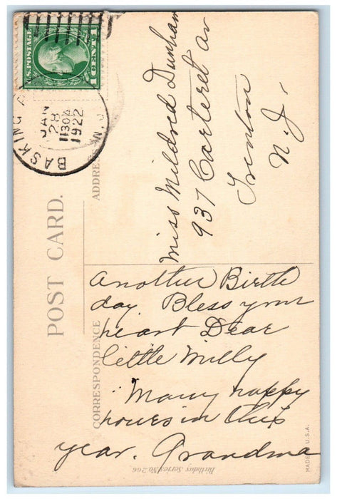 1922 Birthday Greetings Children Sleigh Basking Ridge New Jersey NJ Postcard