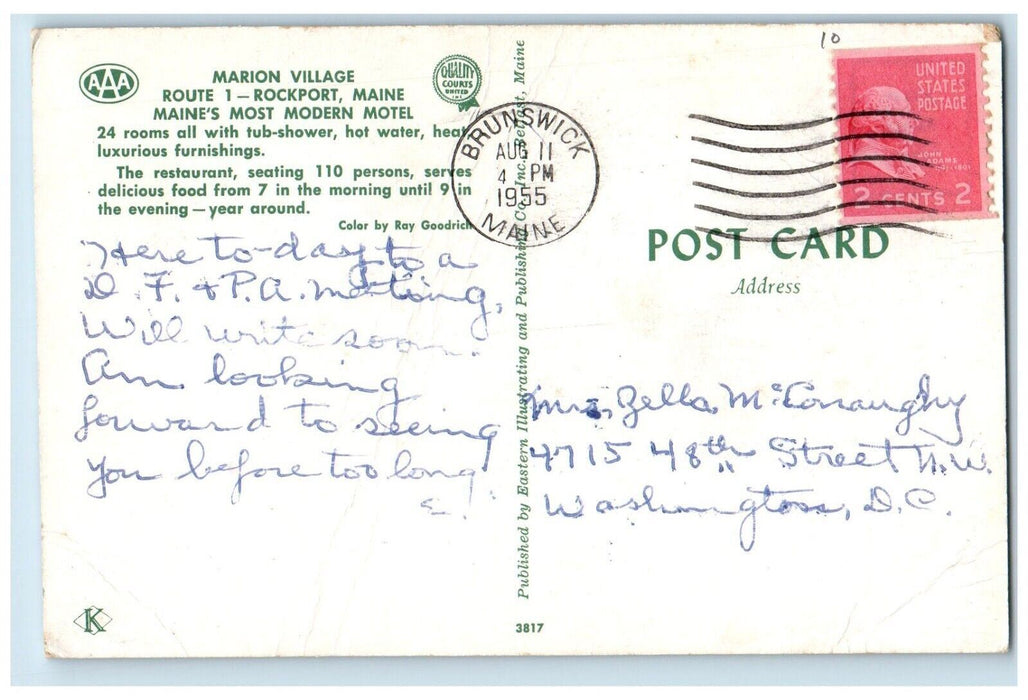 1955 Marion Village Rockport Maine Modern Motel Restaurant Brunswick ME Postcard
