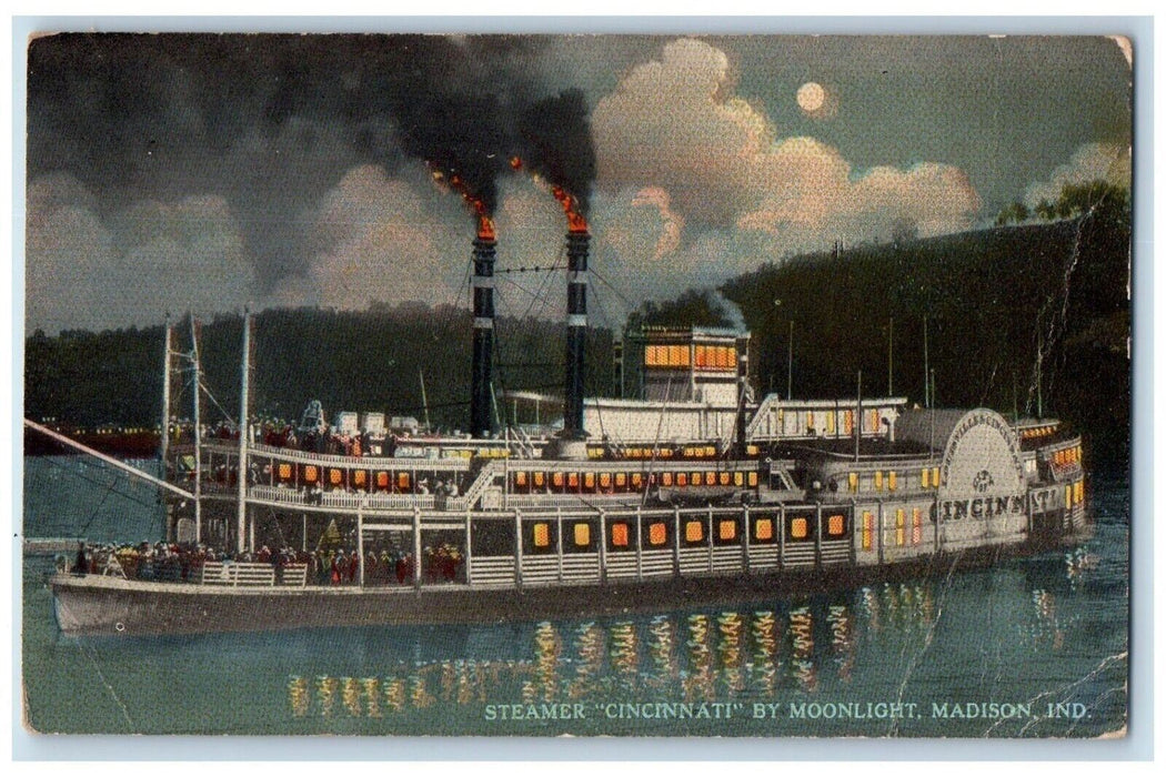c1910 Steamer Cincinnati Moon Night Moonlight Madison Indiana Vintage Postcard