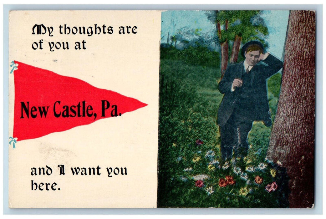 Greetings From New Castle Pennsylvania PA, Trees Garden Scene Pennant Postcard