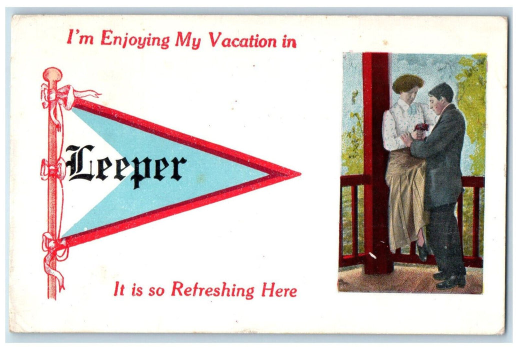 1913 Greetings From Leeper Pennsylvania PA,  Couple Vacation Pennant Postcard