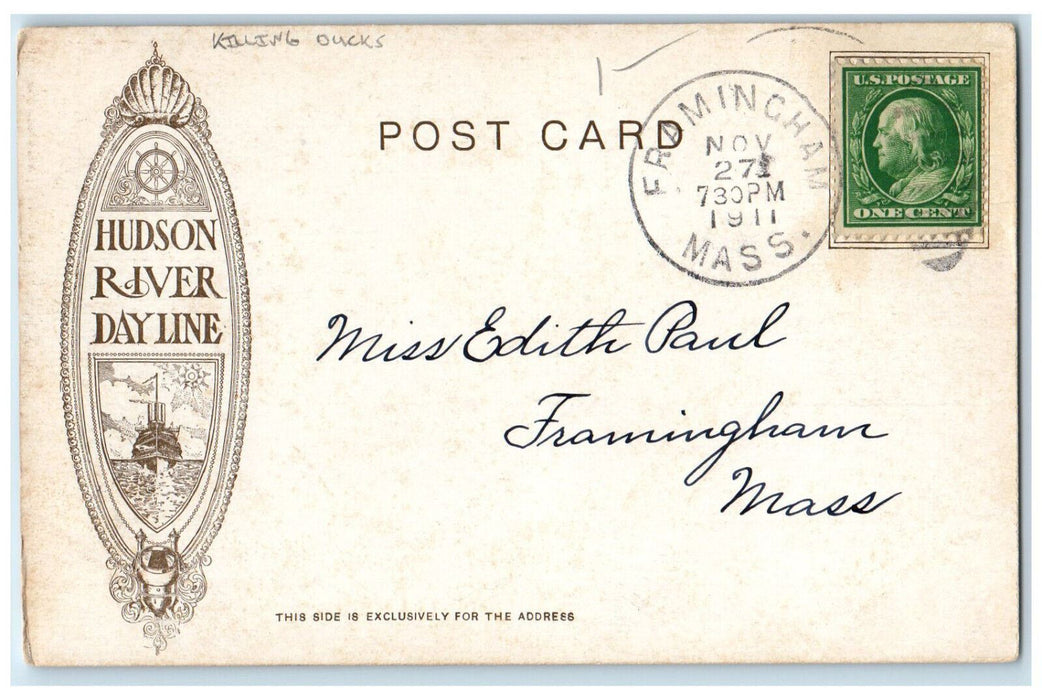 1911 Hudson River Dayline Steamer Ship Killing Ducks Massachusetts MA Postcard
