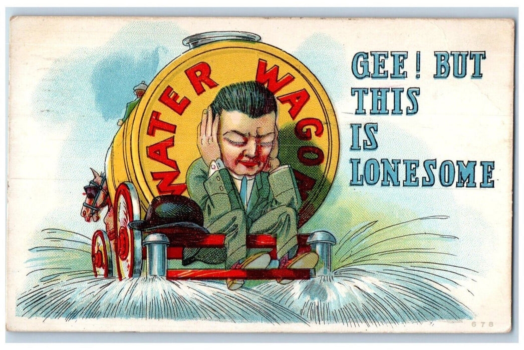 1914 Lonesome Man Horse Water Wagon Embossed Brockton MA Posted Antique Postcard
