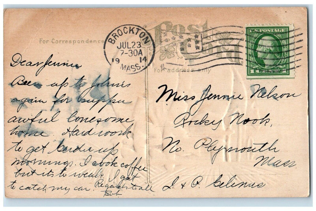 1914 Lonesome Man Horse Water Wagon Embossed Brockton MA Posted Antique Postcard