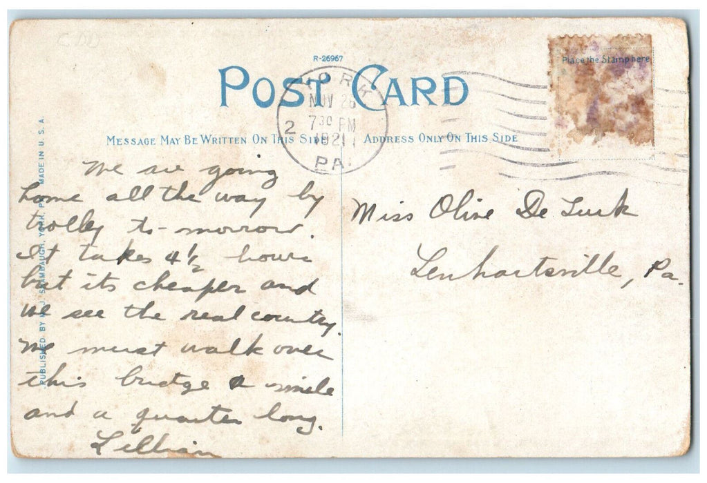 1921 Pennsylvania R.R Railroad Bridge  Susquehanna River Columbia PA Postcard