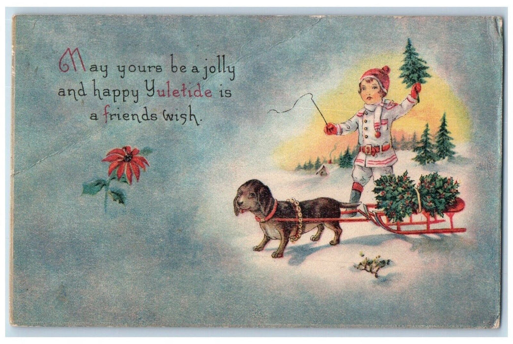 1919 Christmas Poinsettia Boy Puppy Dog Sleigh Holly Berries Antique Postcard