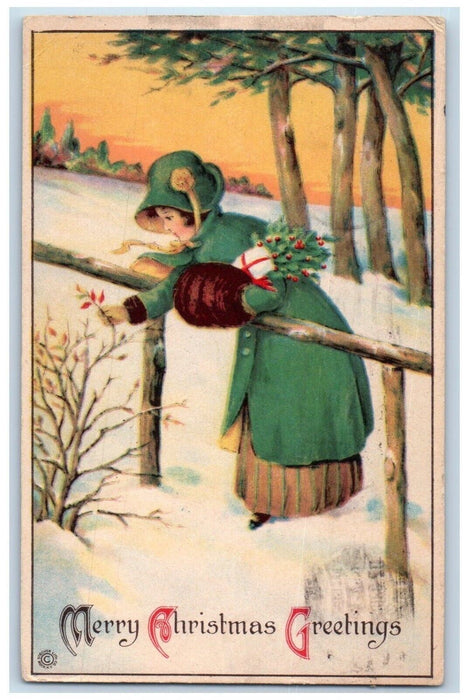 1920 Christmas Greetings Woman Handwarmer Picking Flowers Newport RI Postcard