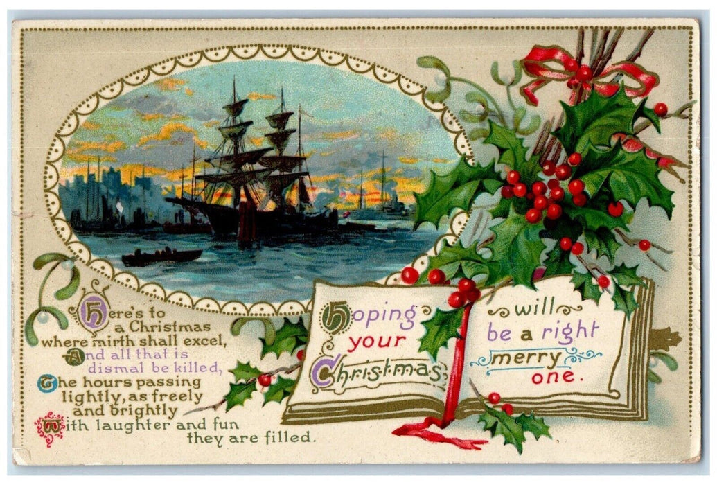 1913 Christmas Book Holly Berries Mistletoe Ship Boat Gel Boston MA Postcard