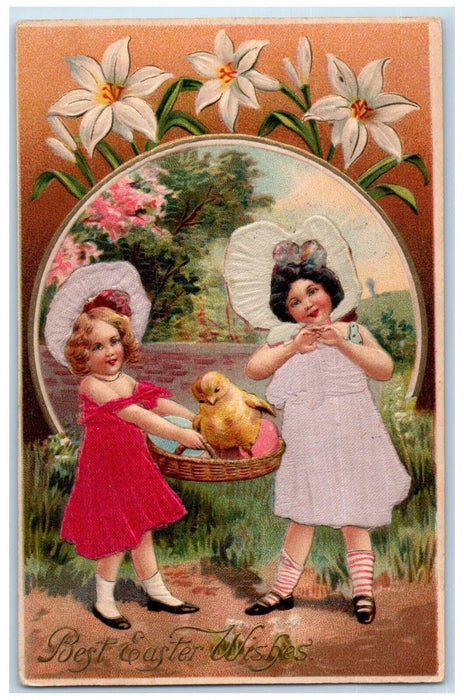 1909 Easter Children Basket Eggs Chick Lilies Flowers Silk Embossed Postcard